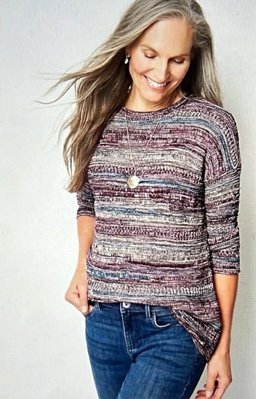 NWT J. Jill Intarsia L Multi Oversize All Cotton Scoop Neck Pullover Sweater 3/4